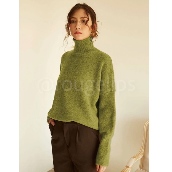 Olive Green Knit Turtleneck Pullover Sweater Long Sleeve Drop Shoulder - Picture 8 of 17